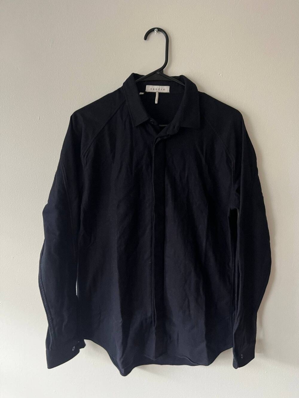 Sandro Long Sleeve Men Shirt Black Wool Blend Designer Made in France Luxe sz. M